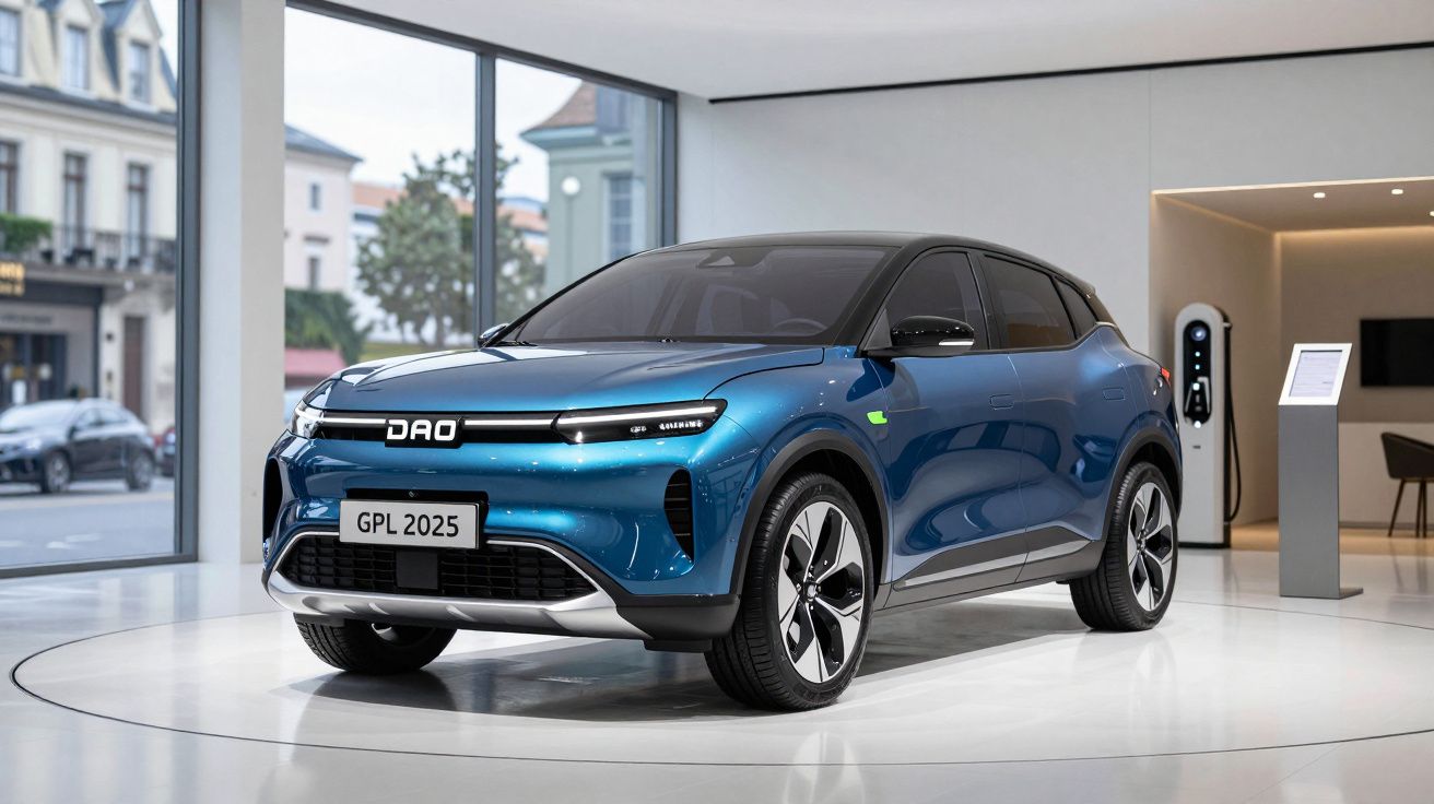 Carro elétrico azul Dao exposto em showroom moderno com carregador elétrico ao fundo.