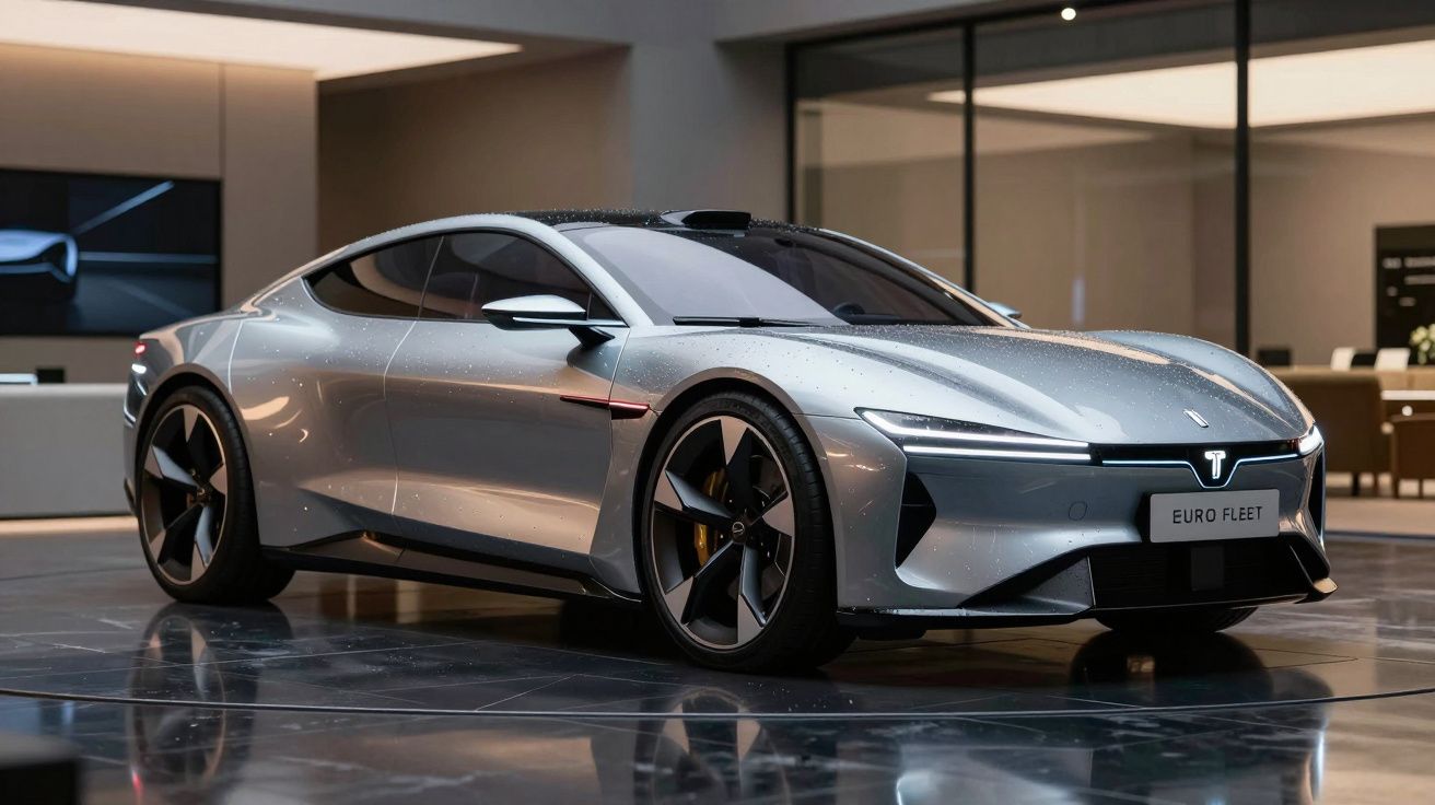 Carro desportivo elétrico cinza estacionado num piso de mármore num ambiente moderno e iluminado.