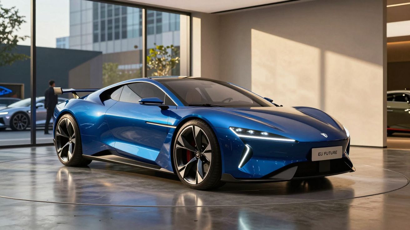 Carro desportivo azul metálico com design futurista numa sala de exposição iluminada por luz natural.