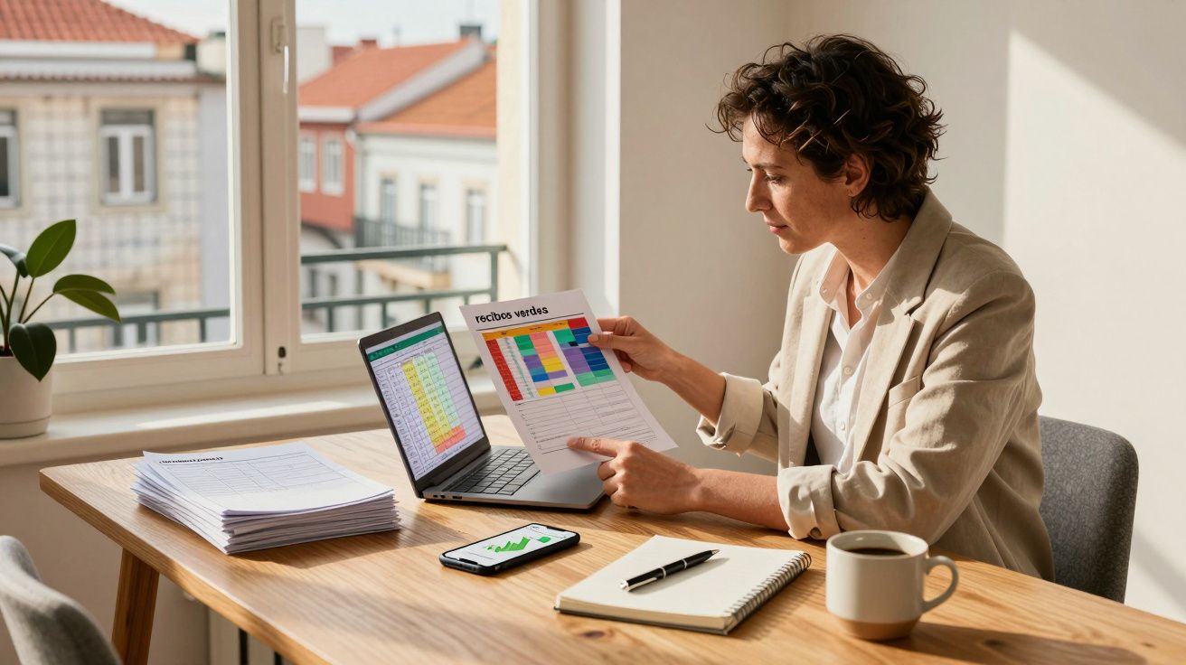 Mulher a analisar gráficos num documento em frente a portátil numa mesa com telemóvel, caderno e chávena.
