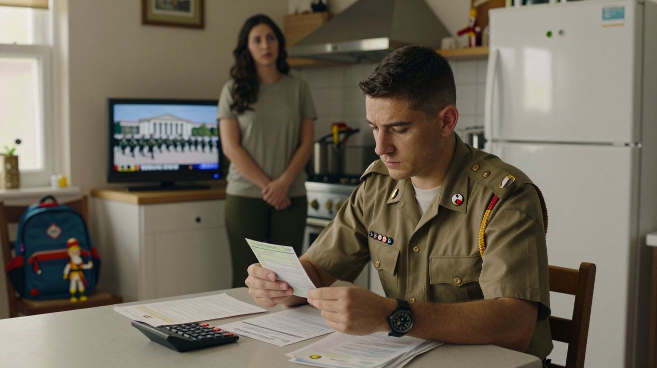 Homem em uniforme militar sentado a ler documentos com mulher de pé atrás numa cozinha.