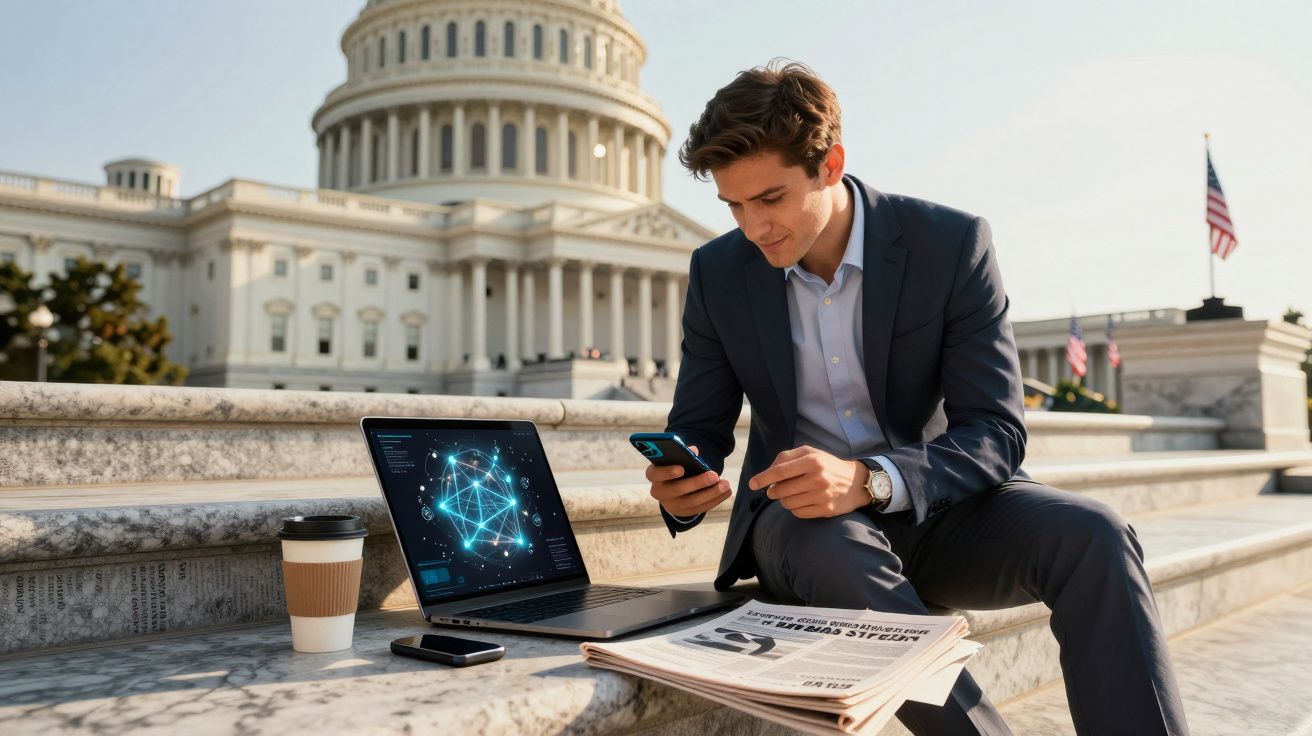 Homem de fato sentado em escadaria junto a laptop, jornais e café, com edifício clássico ao fundo.