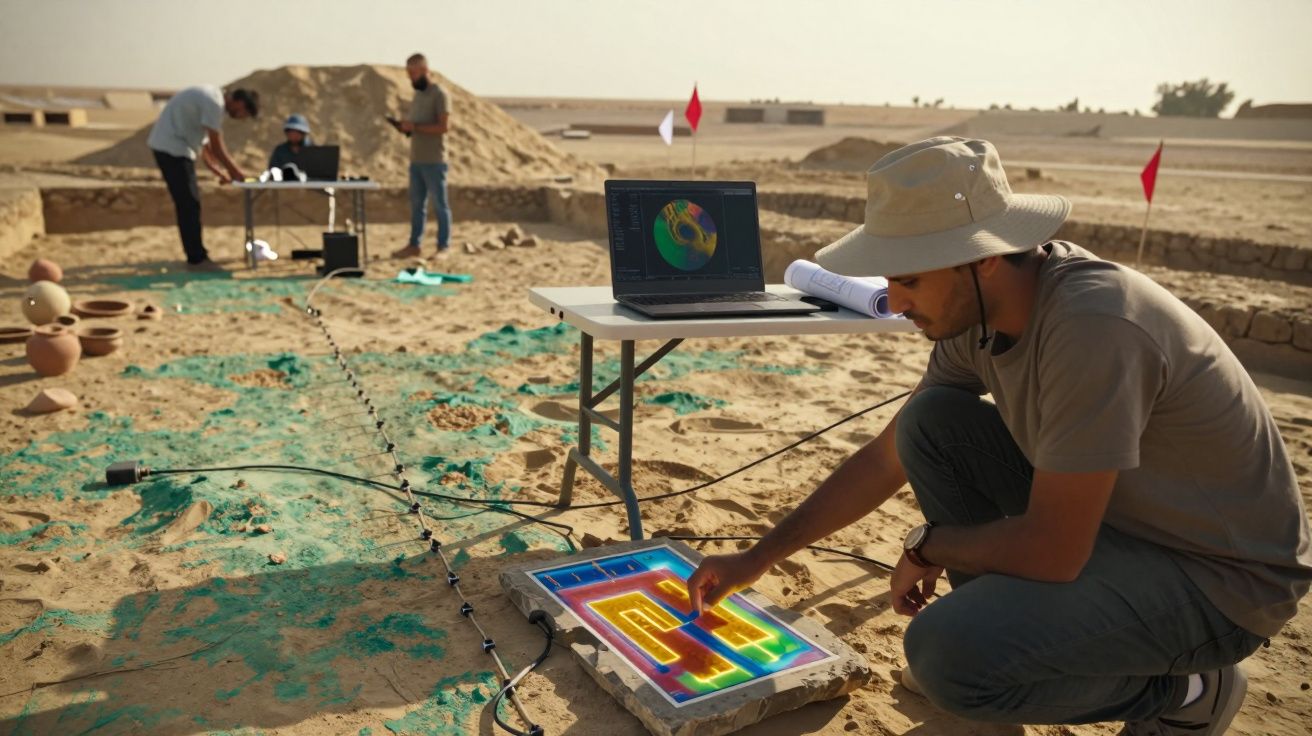 Pessoa a analisar equipamento de arqueologia com monitor térmico e computador em escavação desértica.