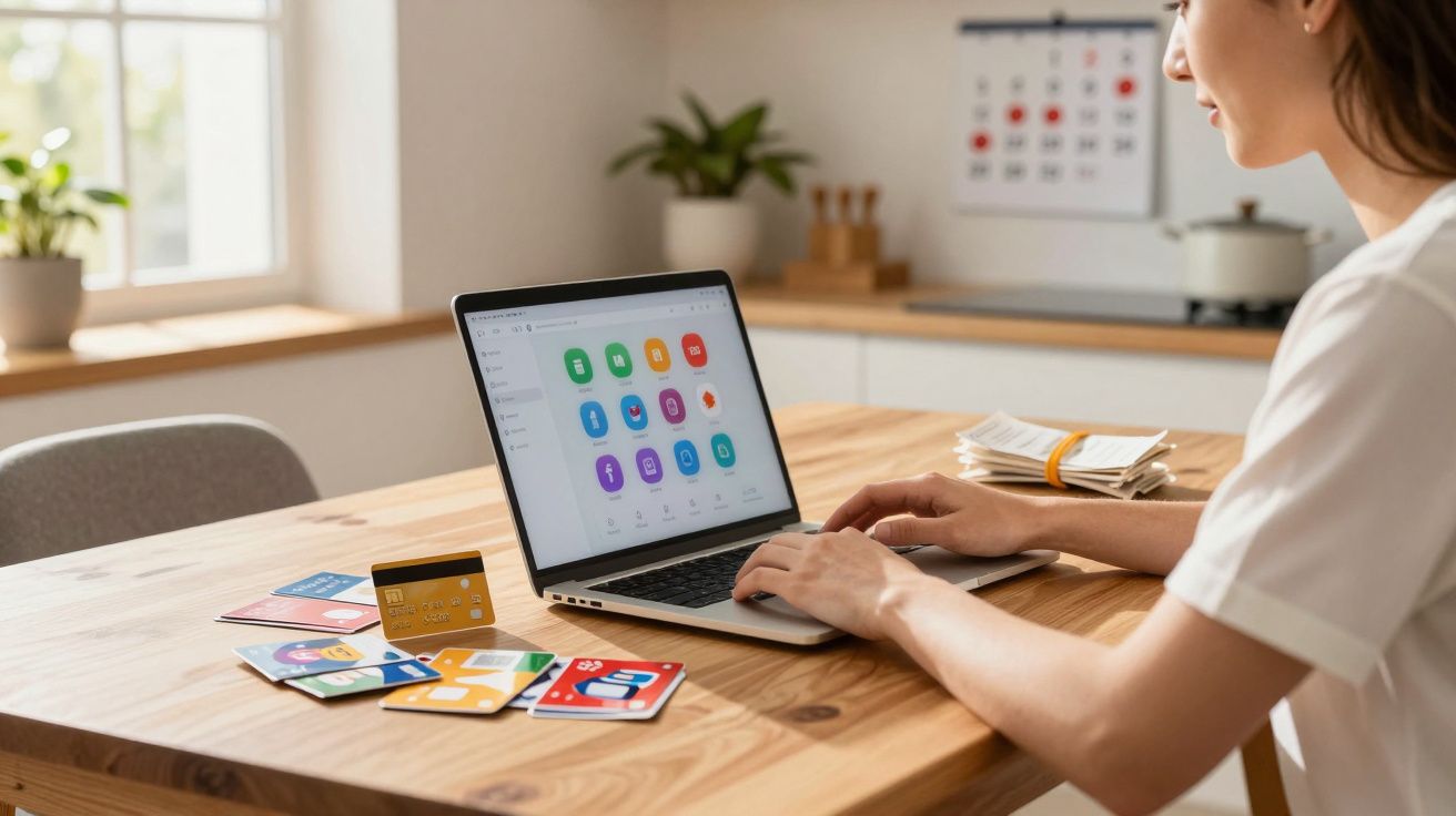 Pessoa a usar portátil para consultar aplicativos de finanças com cartões e faturas numa mesa de madeira.