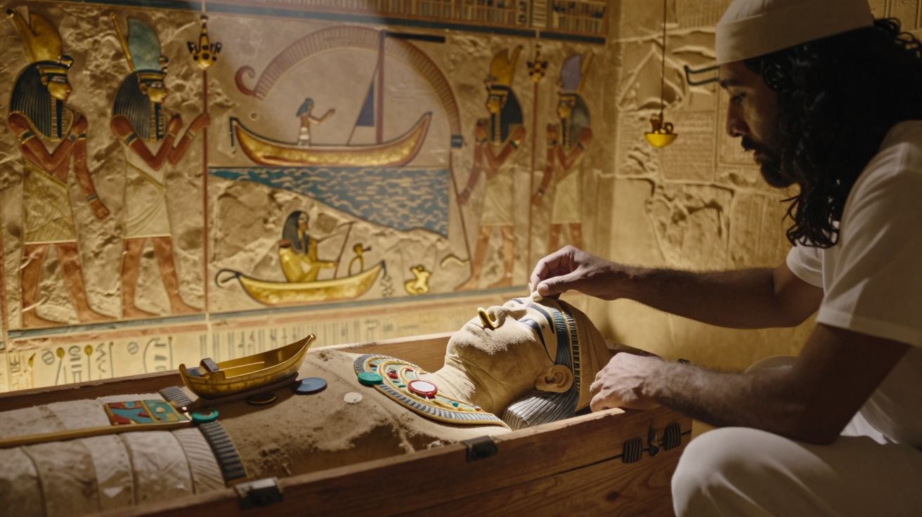 Homem a vestir máscara dourada em múmia dentro de sarcófago egípcio, com hieróglifos na parede atrás.