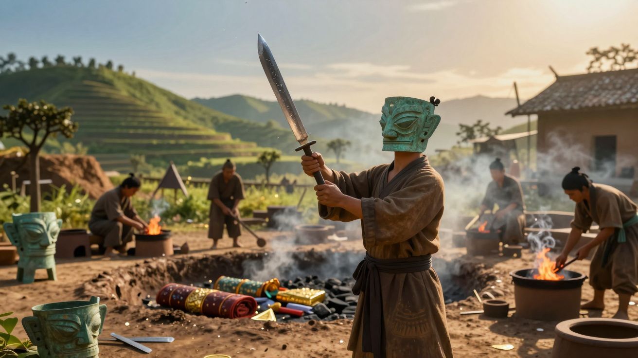 Homem com máscara antiga segura espada num cenário ao ar livre com outras pessoas e objetos antigos ao fundo.