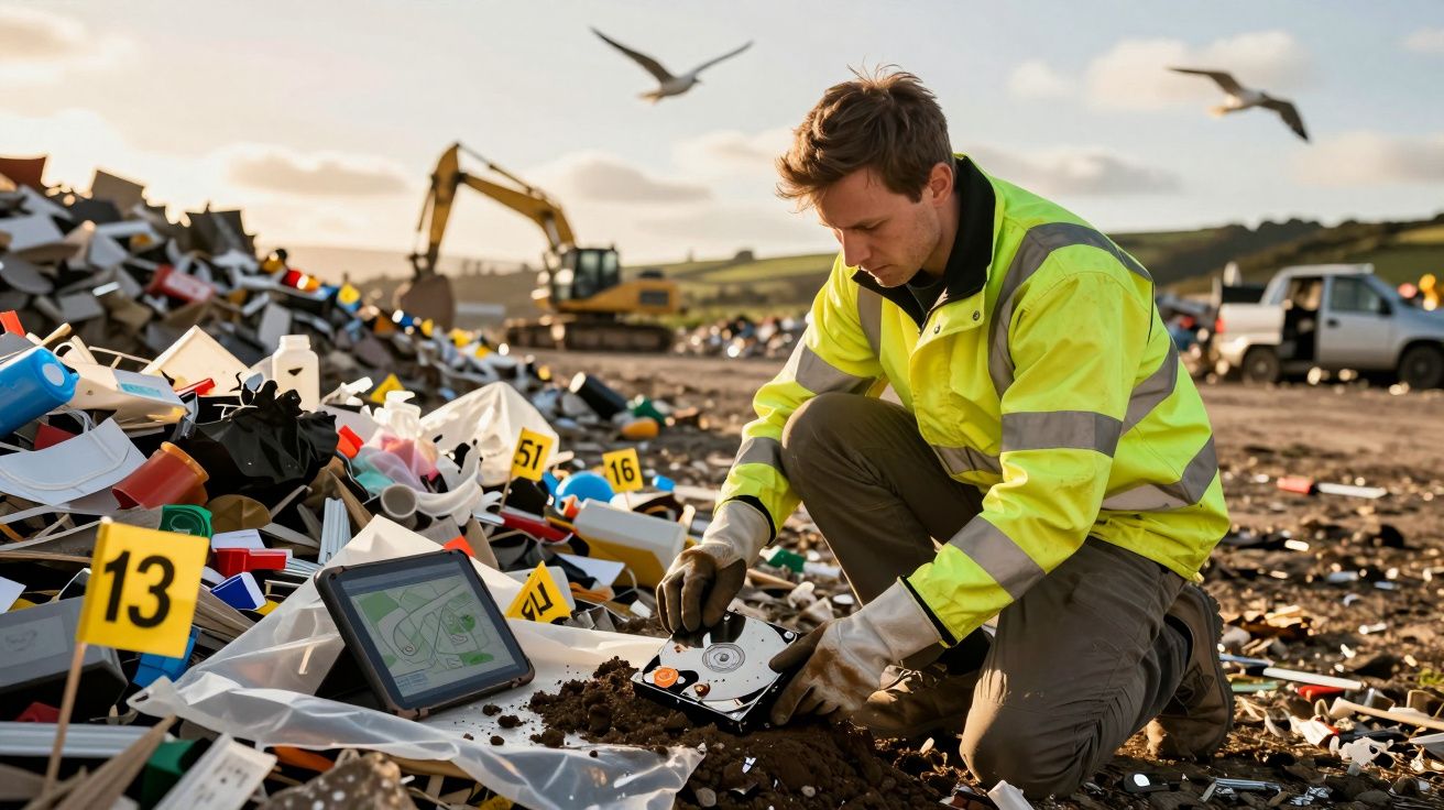 Homem com casaco refletor examina disco rígido num local de despejo com objetos e etiquetas identificadoras.