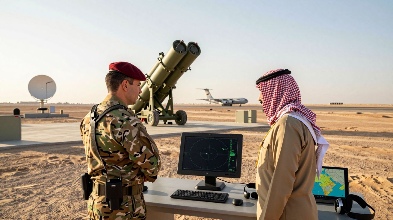 Dois homens, um militar e outro de traje tradicional árabe, observam monitor com radar em base militar no deserto.