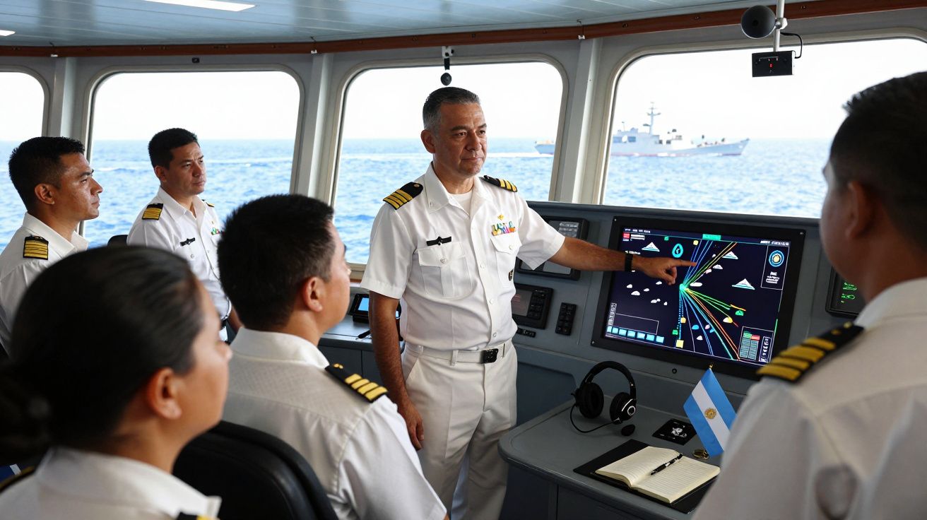 Oficiais da marinha em reunião de formação na ponte de comando de um navio com radar ativo.