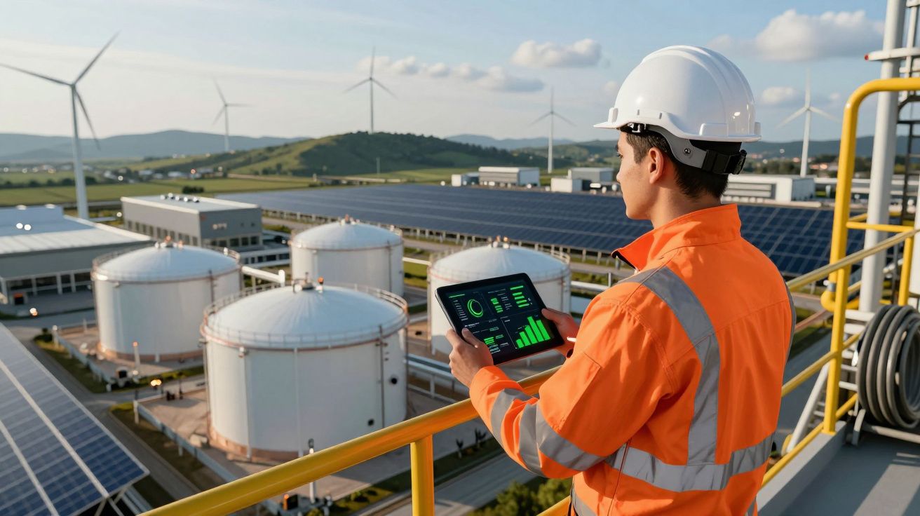 Engenheiro com capacete branco e roupa laranja analisa painel em instalação de energia solar e eólica.