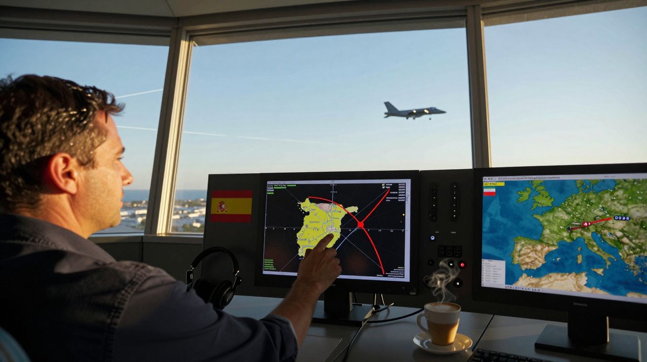 Controlador aéreo no centro de controlo com monitores mostrando mapas e avião a voar pela janela.