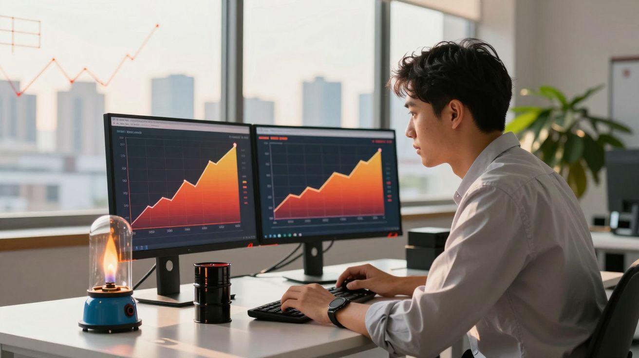 Homem a analisar gráficos de crescimento em dois ecrãs num escritório moderno durante o dia.