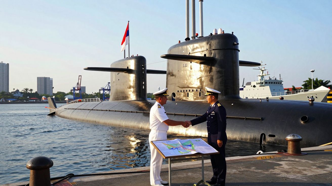 Dois militares cumprimentam-se no cais junto a um submarino ancorado ao pôr do sol.