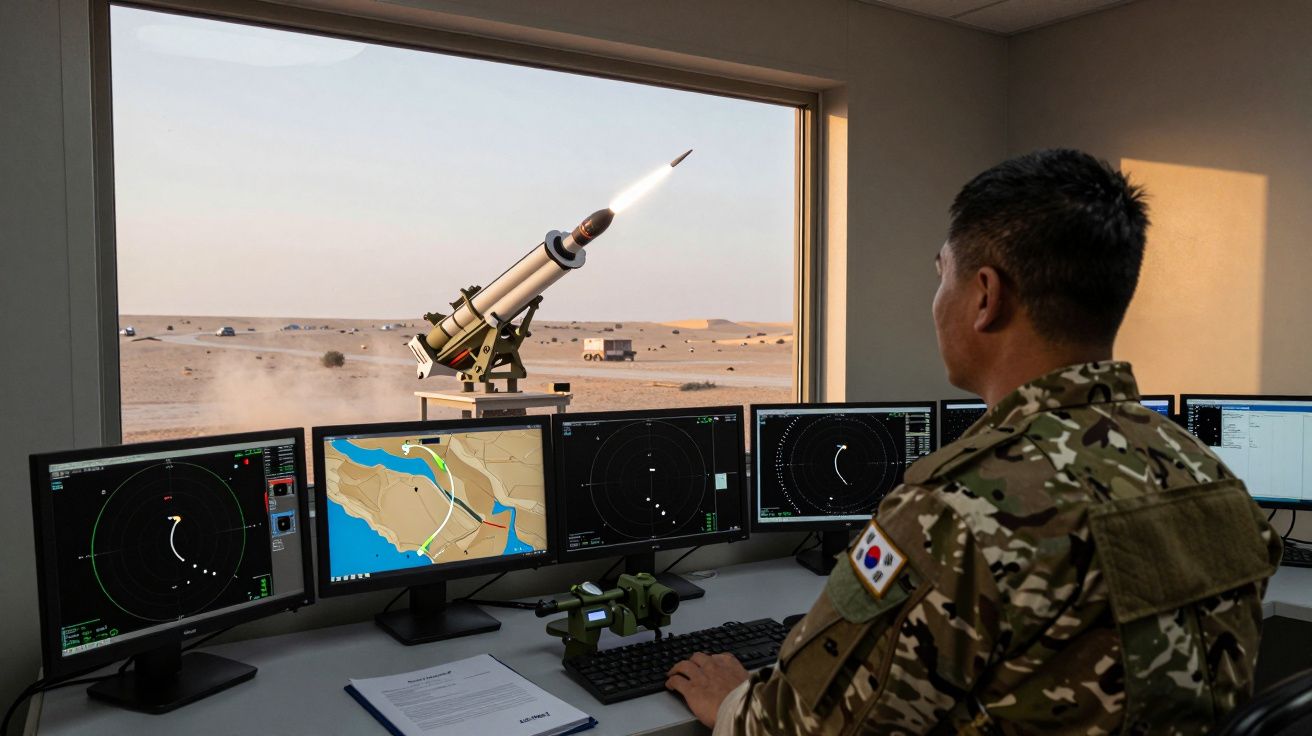 Soldado sul-coreano com farda militar monitora lançamento de míssil em centro de comando no deserto.