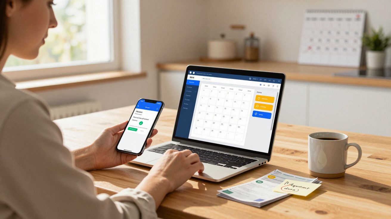 Pessoa a usar um smartphone e portátil com calendário aberto, numa mesa com documentos e uma chávena de café.