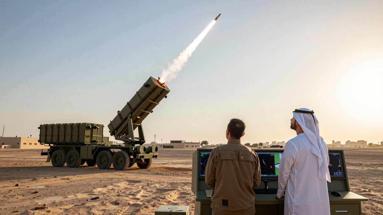 Dois homens a operar sistema de lançamento de mísseis em ambiente desértico durante o pôr do sol.