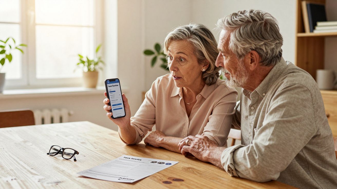 Casal sénior sentado à mesa a consultar telefones móveis com documento sobre empréstimo à frente.