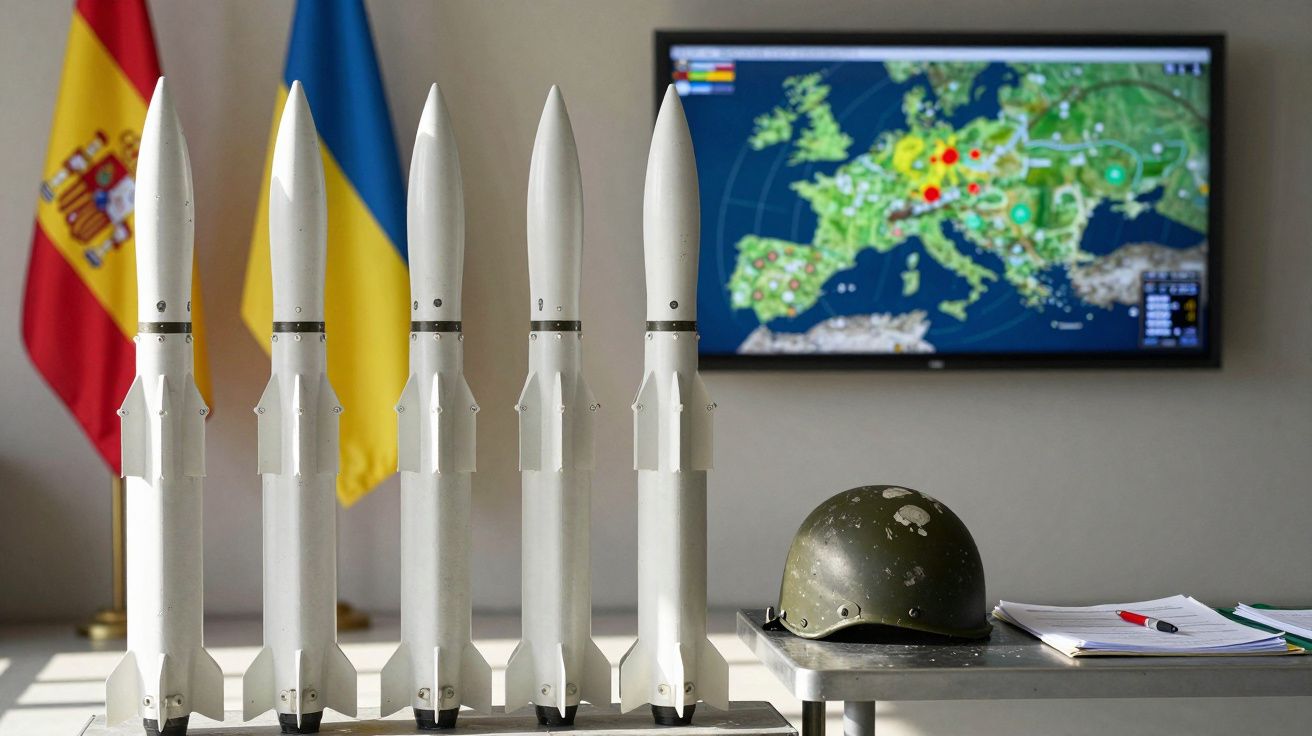 Seis mísseis brancos em exposição com capacete militar e bandeiras da Espanha e Ucrânia ao fundo.