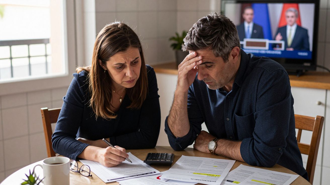 Casal preocupado a analisar documentos financeiros numa mesa de cozinha com televisão ligada ao fundo.