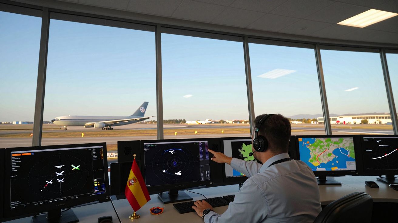 Controlador aéreo no aeroporto a monitorizar voos em ecrãs com vista para a pista e avião a descolar.