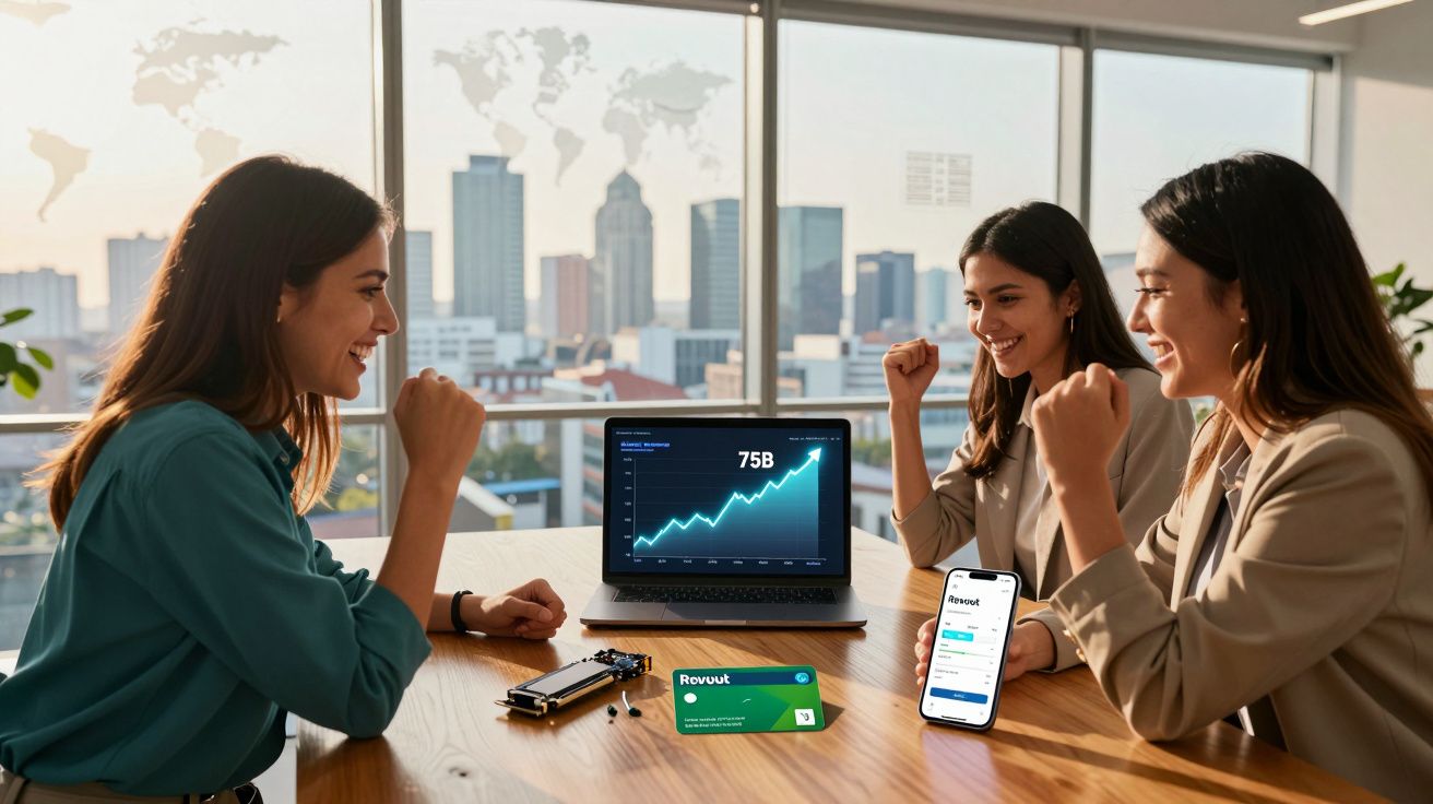 Três mulheres felizes celebram resultados financeiros perante gráfico de crescimento no portátil e cartão Revolut na mesa.