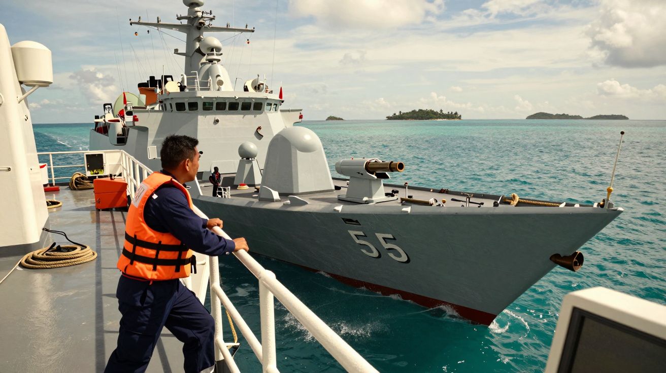 Marinheiro com colete laranja observa navio militar cinza número 55 no mar azul perto de ilhas.