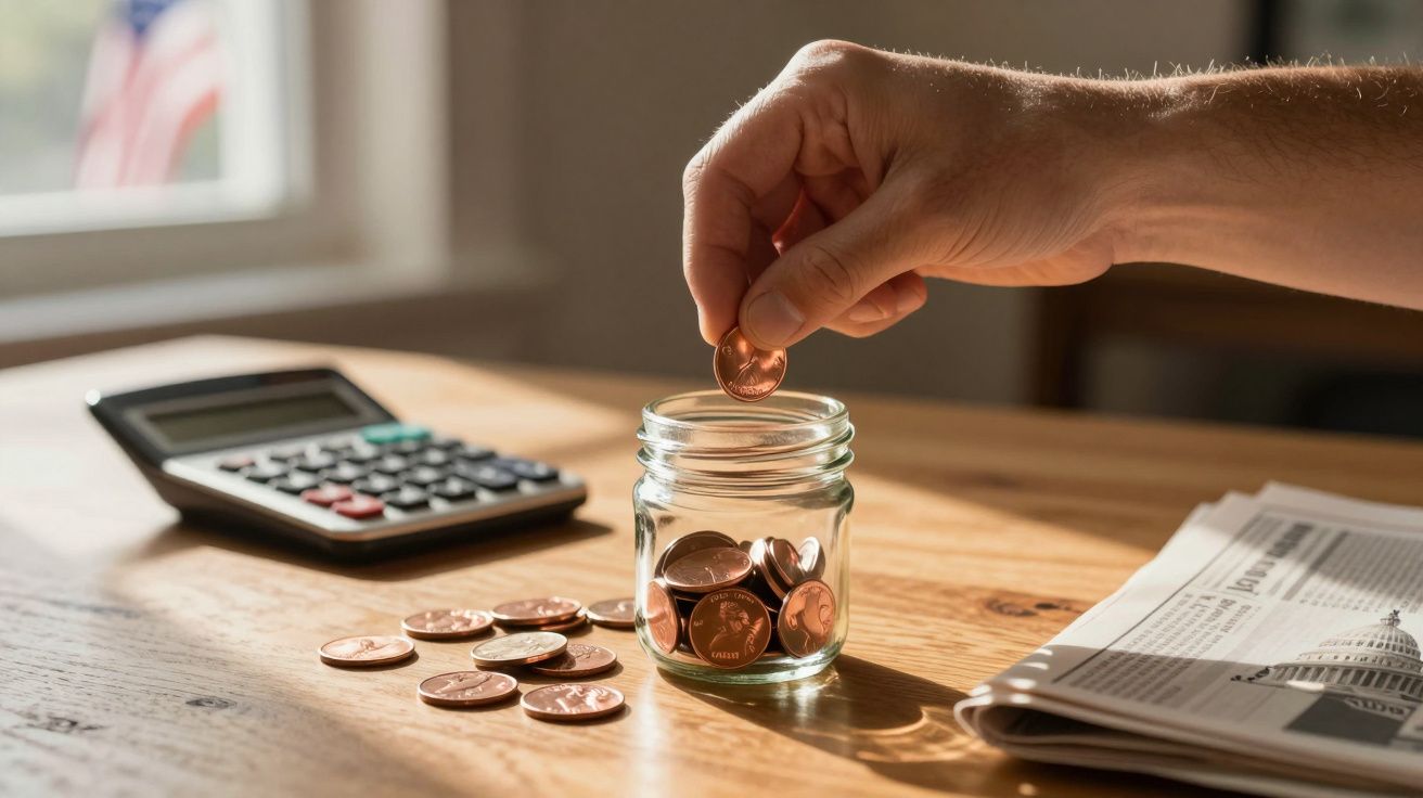 Mão a colocar moeda numa jarra, com moedas espalhadas, calculadora e jornal sobre mesa de madeira.