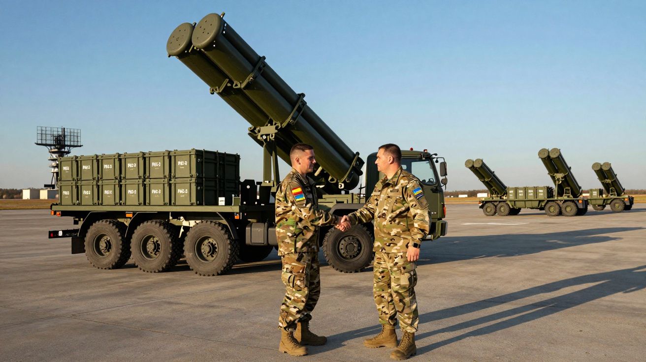 Dois soldados com uniformes camuflados apertam as mãos perto de veículos militares com lançadores de mísseis.