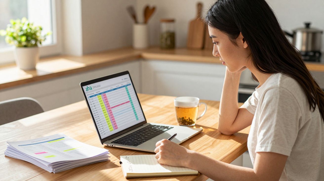 Mulher jovem a analisar dados num computador portátil enquanto toma notas numa cozinha iluminada.