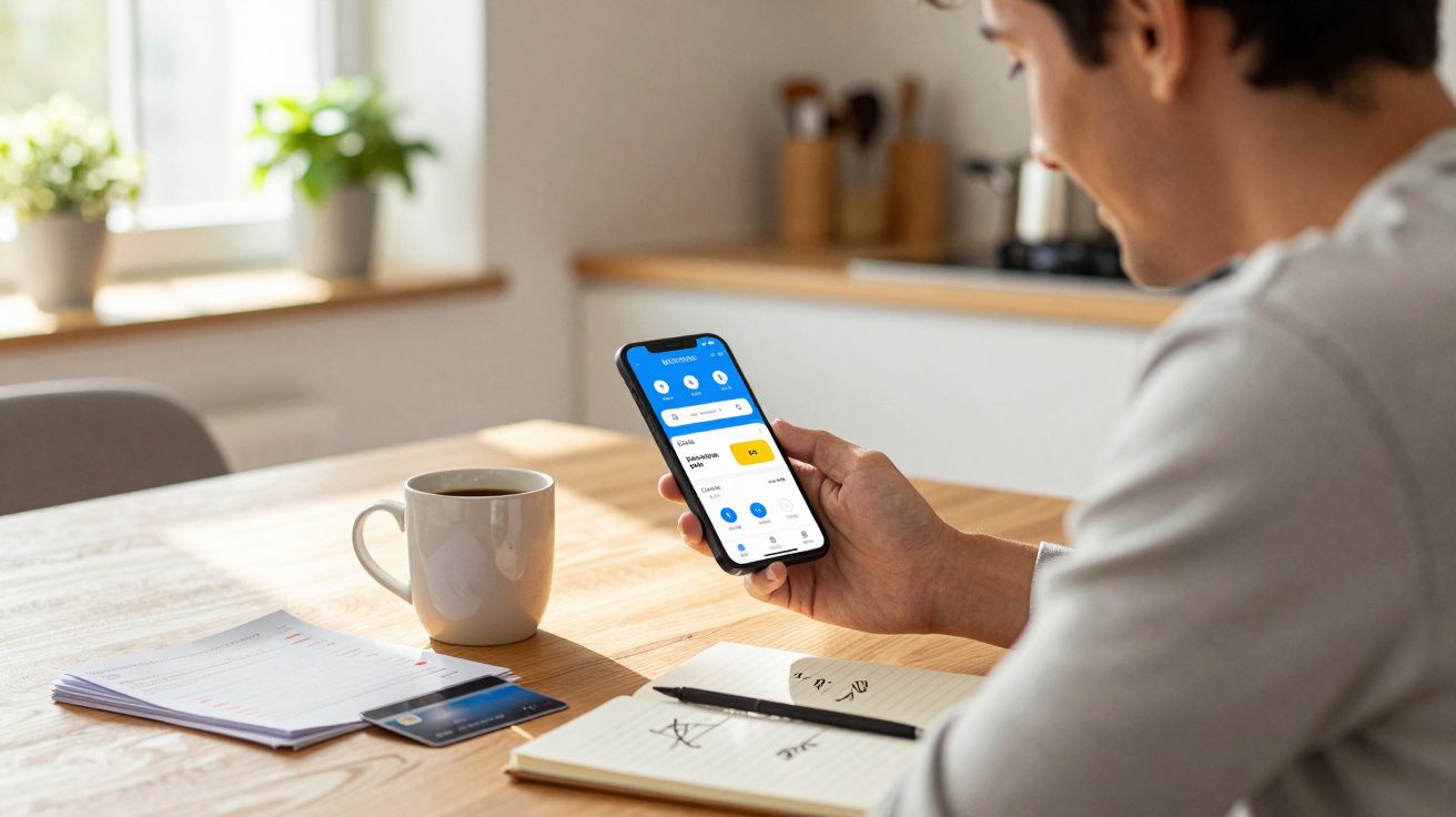 Homem a usar smartphone com app de finanças numa mesa com café, bloco de notas e cartão bancário.