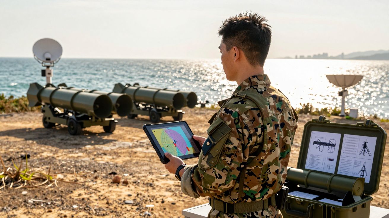 Militar em uniforme camuflado usa tablet para operar equipamentos militares à beira-mar em dia ensolarado.