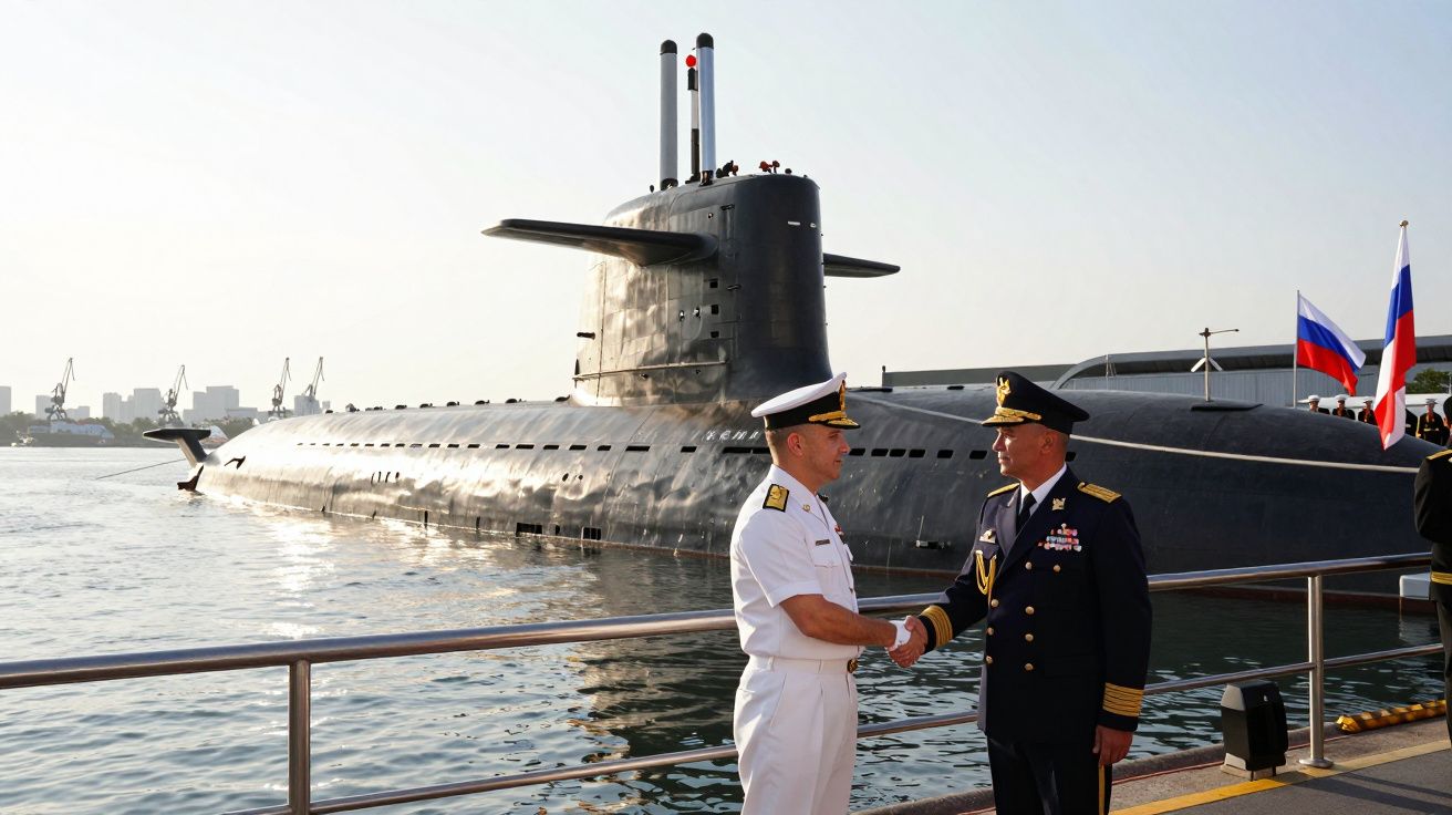 Dois oficiais militares cumprimentam-se junto a submarino preto atracado num porto com bandeiras russas.