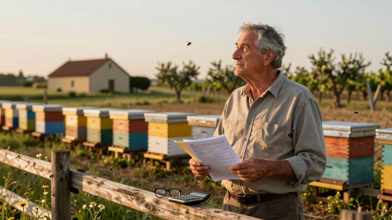 Homem idoso com documentos e calculadora junto a colmeias numa quinta ao pôr do sol.