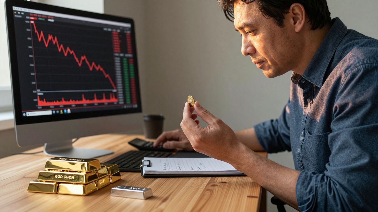 Homem analisa moeda de ouro com gráfico financeiro em queda no monitor e barras de ouro numa mesa.