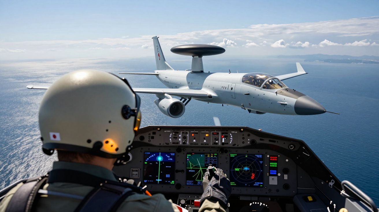 Piloto militar dentro de cockpit a observar avião de vigilância aérea a voar sobre o mar.