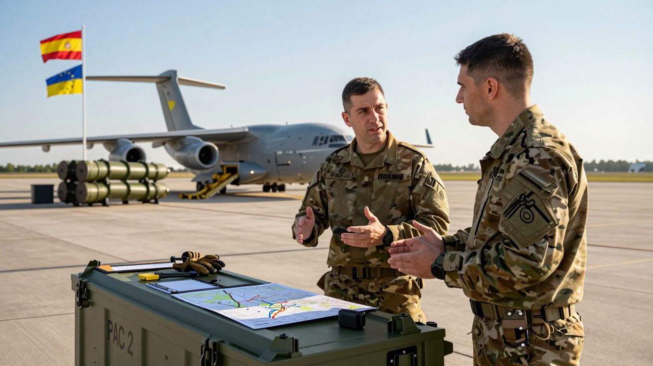 Dois militares em uniforme a discutir planos junto a mapa sobre caixa militar, ao fundo avião e bandeiras.