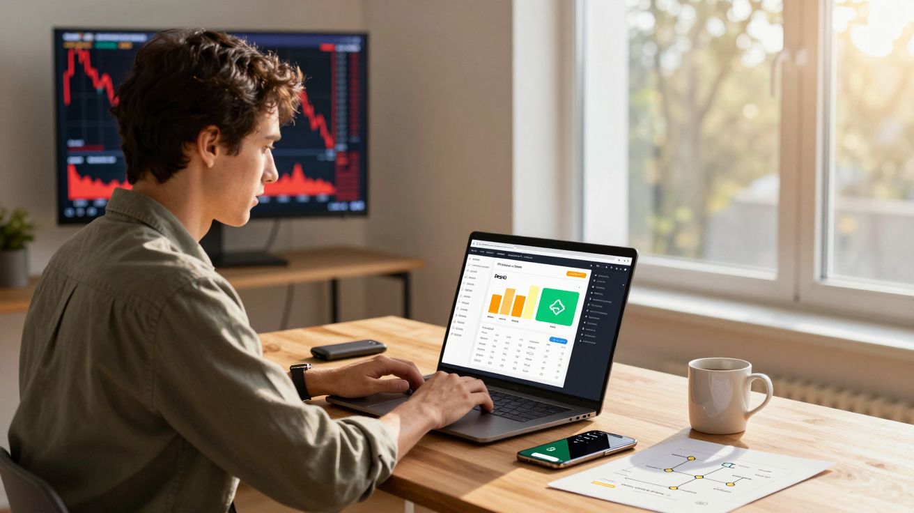 Homem a trabalhar num computador portátil com gráficos financeiros, com smartphone e caneca numa mesa junto a janela.