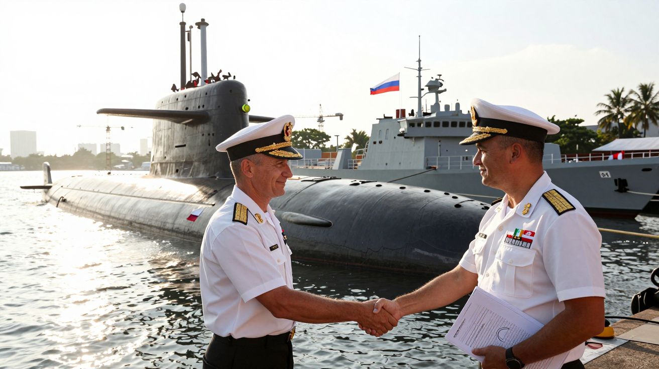 Dois oficiais navais de farda branca apertam as mãos junto a um submarino atracado no porto ao pôr do sol.