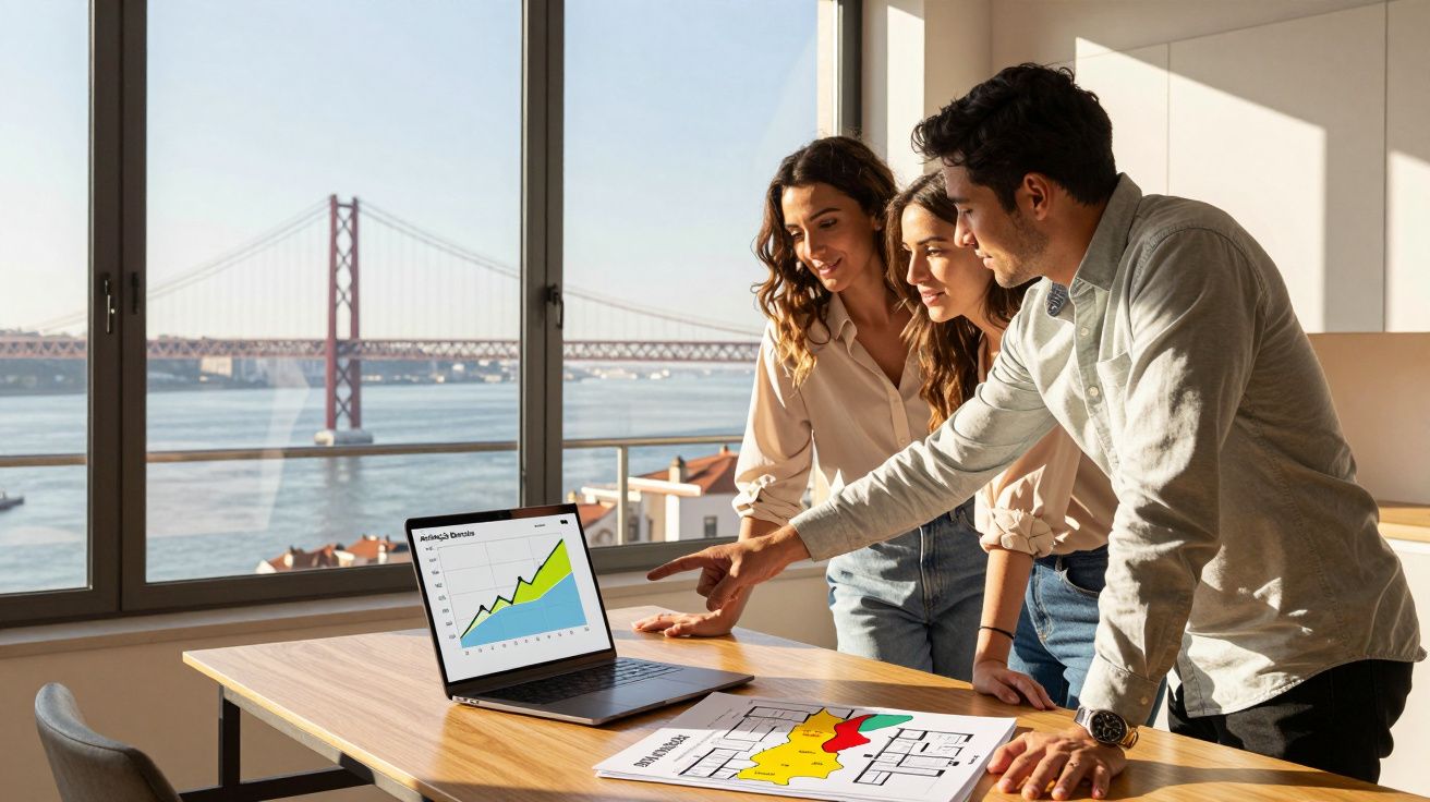 Três jovens analisam gráficos e mapas num escritório com vista para a ponte 25 de Abril sobre o rio Tejo.