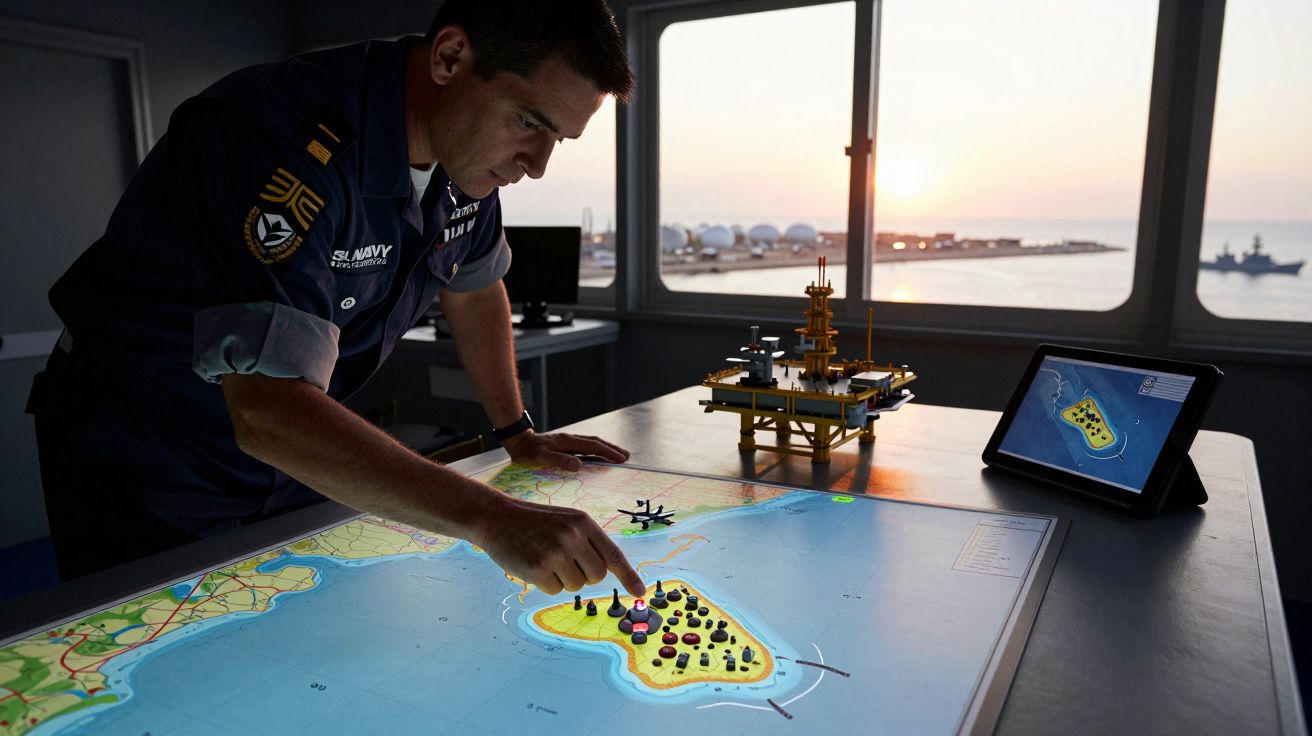 Militar naval a analisar um mapa digital interativo de ilha numa sala com janelas para o mar ao pôr do sol.