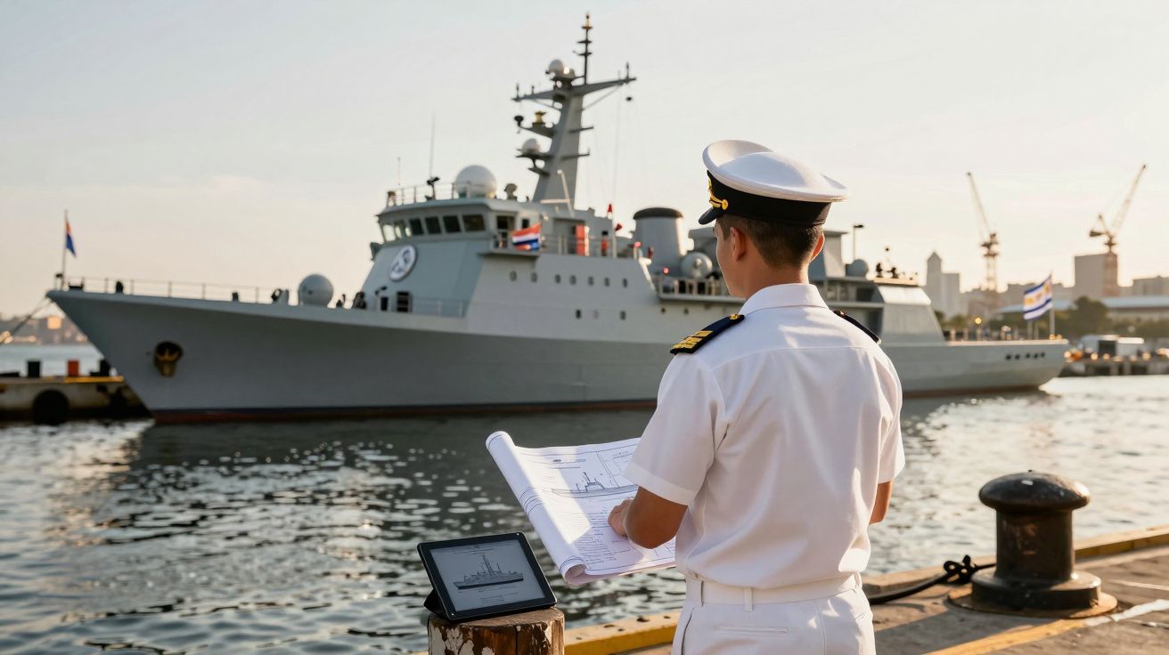 Militar naval em uniforme branco a analisar plantas junto a um grande navio de guerra atracado num porto.