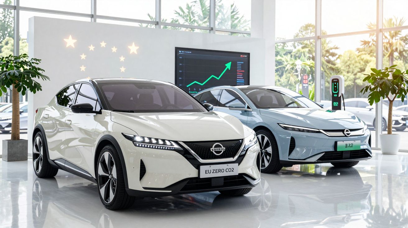 Dois carros elétricos Nissan em exposição numa sala moderna com gráficos e plantas decorativas.
