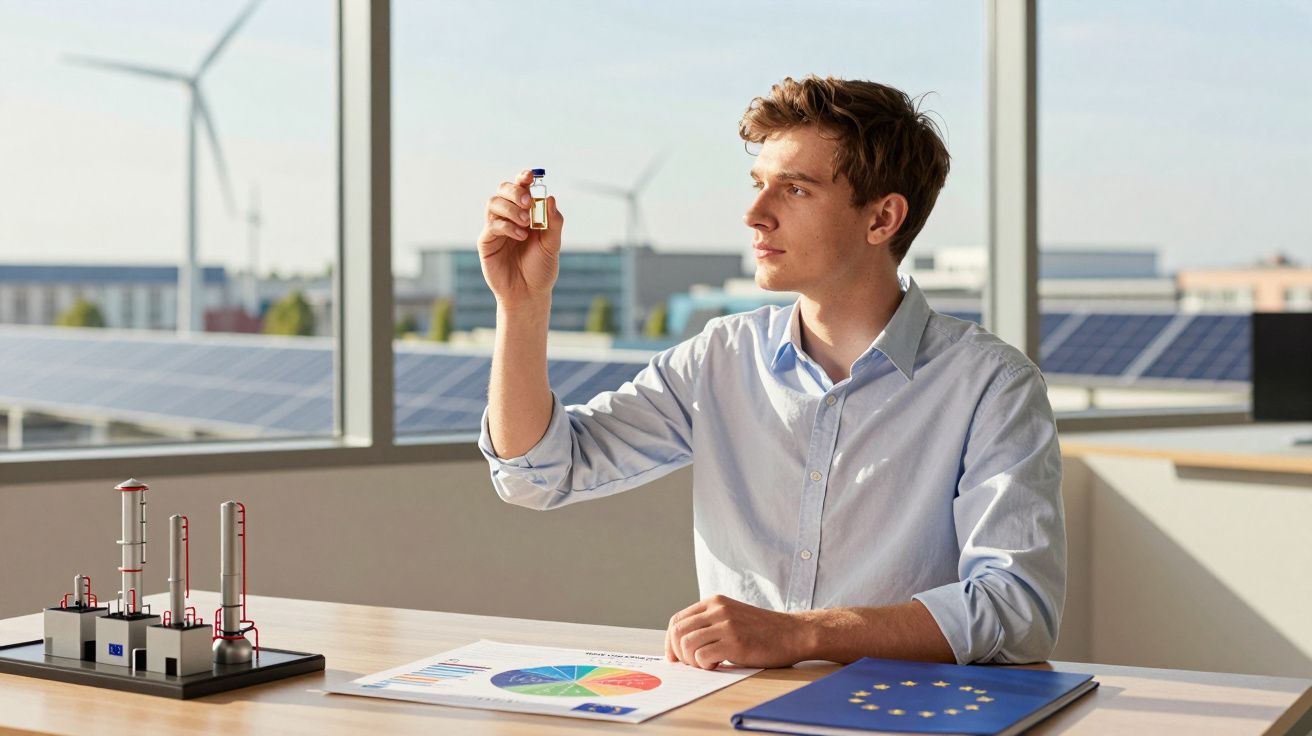 Homem a analisar amostra em laboratório com moinho e painéis solares visíveis através da janela.