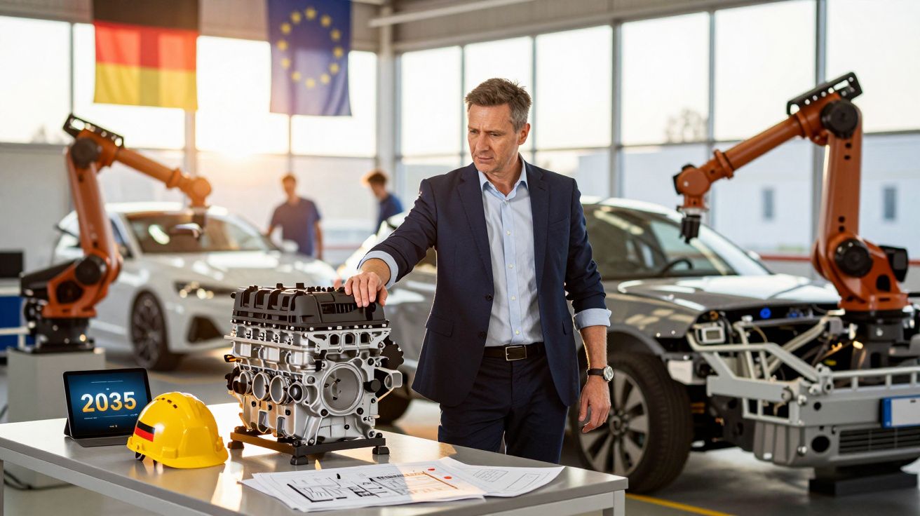 Homem em fato junto a motor automóvel numa fábrica com braços robóticos e carros ao fundo.
