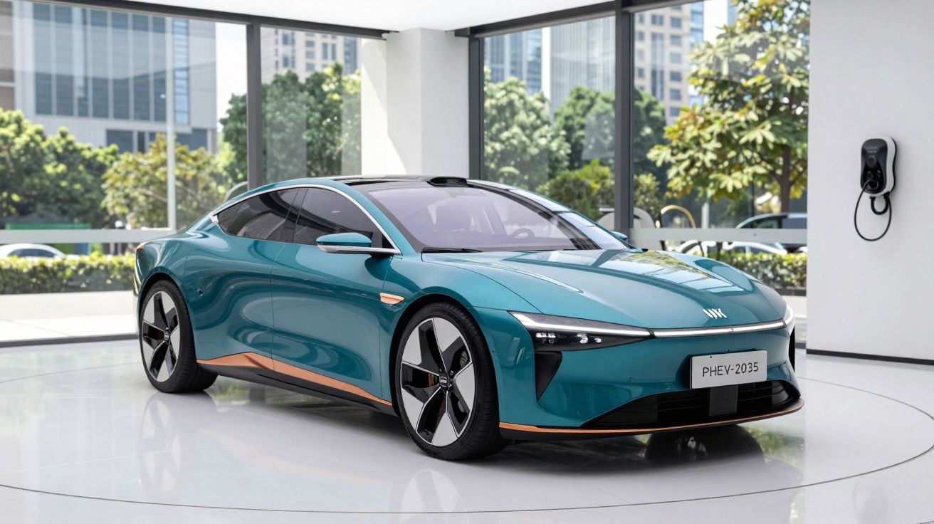 Carro elétrico desportivo azul estacionado em showroom moderno com parede de vidro e estação de carregamento.