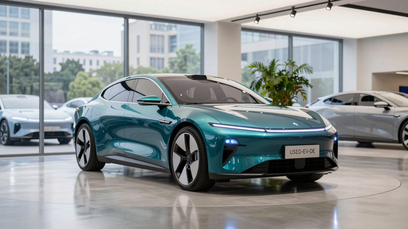 Carro elétrico verde com design moderno num showroom iluminado e com painéis de vidro.