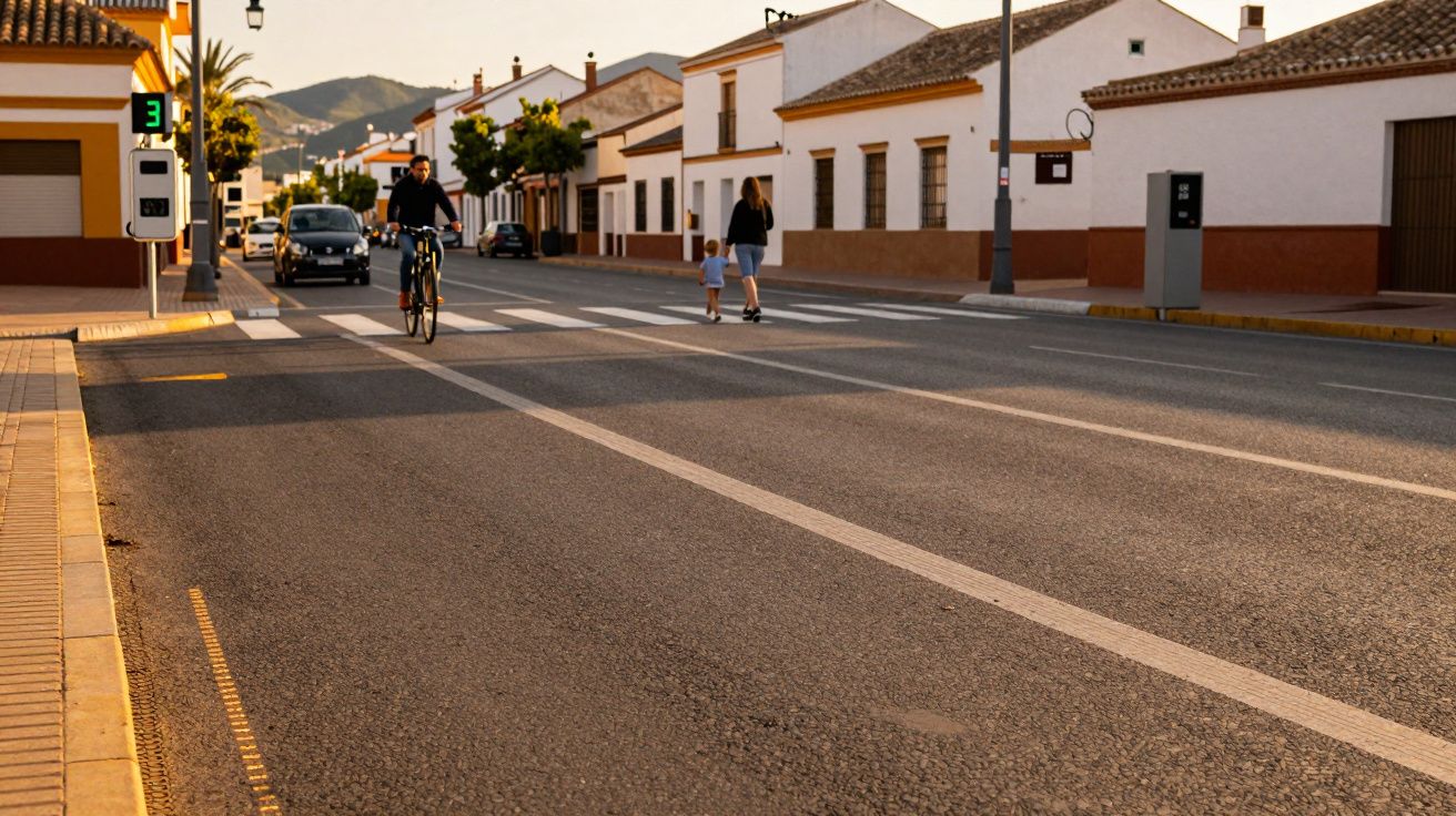 Rua tranquila com casas brancas, um ciclista a passar e uma mulher a atravessar com uma criança.