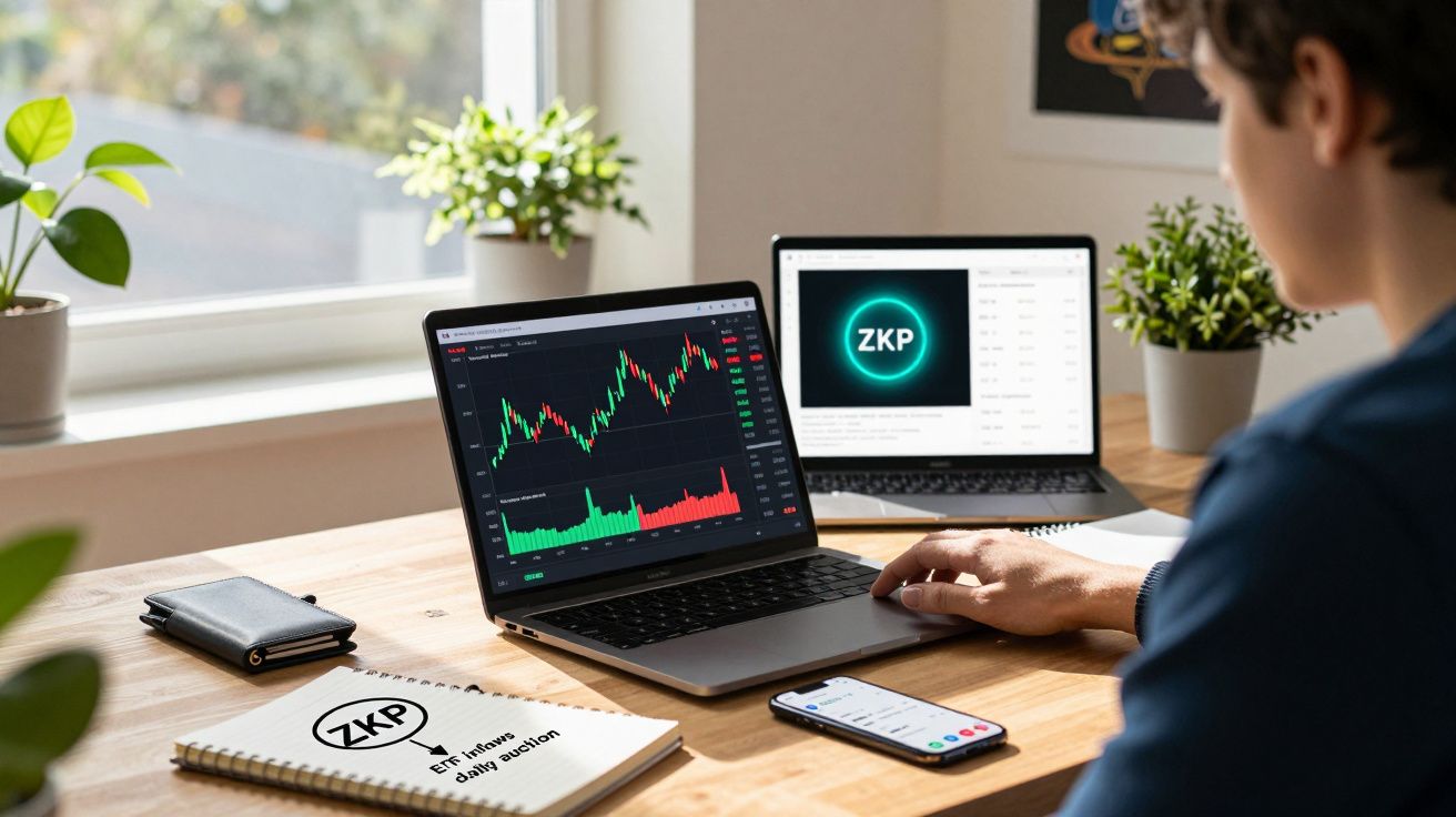 Pessoa a analisar gráficos de ações num portátil com outro portátil e caderno com logótipo ZKP na mesa.