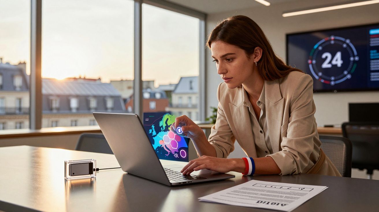 Mulher a trabalhar num portátil com gráficos digitais numa sala de escritório moderna com janelas grandes.