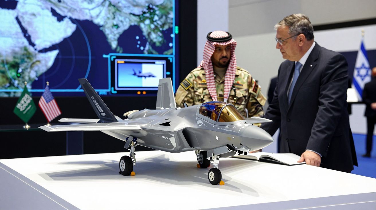 Dois homens em conversa junto de um modelo de avião de combate numa exposição, com bandeiras da Arábia Saudita, EUA e Israel 